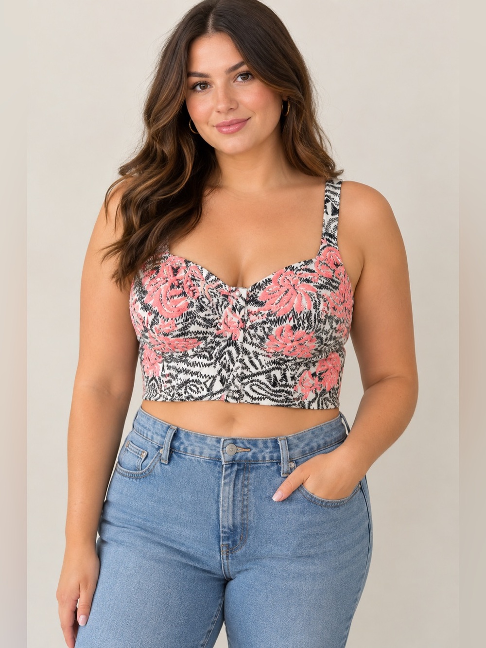Black and Pink Patterned Crop Top